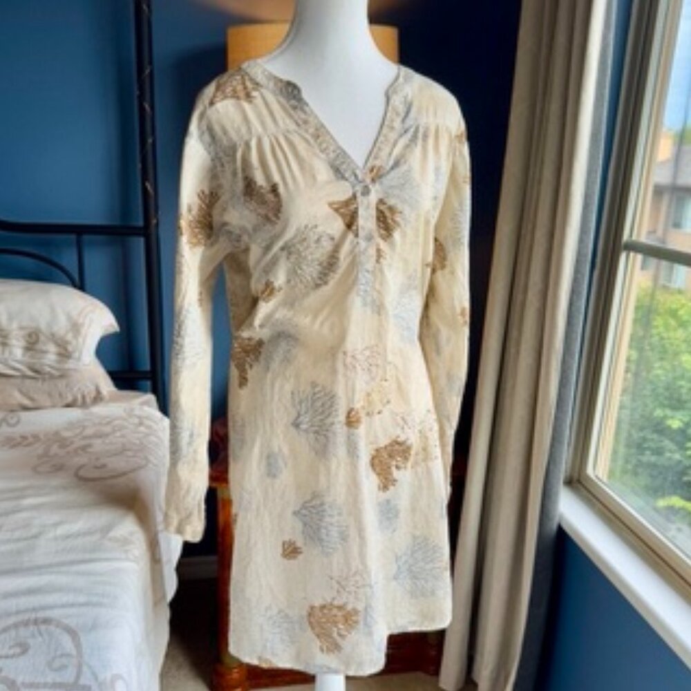Beige With Beaded Shimmery Coral Print Beach Cover Up - Picture 2 of 12